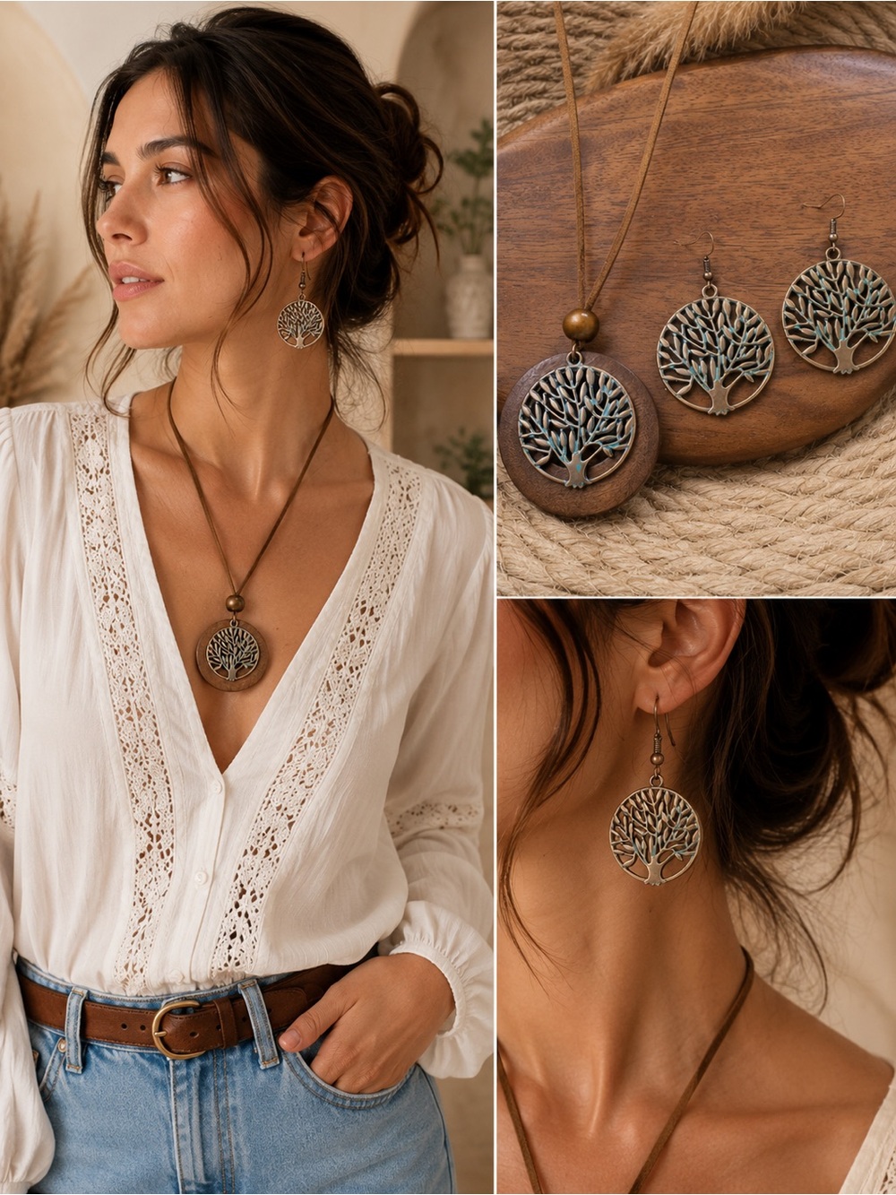 Boho Tree of Life Wood Pendant Necklace and Earrings Set - Brown